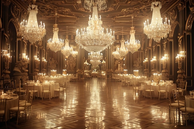 Photo a luxurious ballroom adorned with sparkling chandeliers and tables set for an event a glamorous ballroom dripping with crystal chandeliers and opulent gold accents