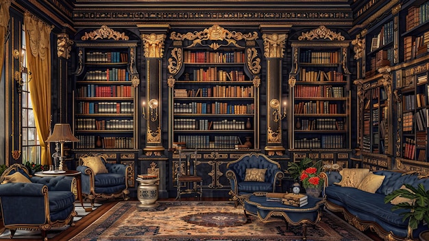 Photo luxurious baroque wallpaper with a grand library mural rich wood and gold tones