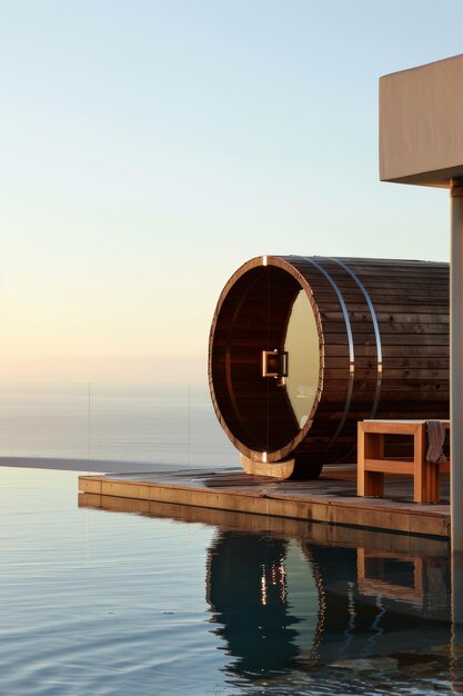 Photo luxurious barrel sauna by infinity pool with stunning horizon view at sunset