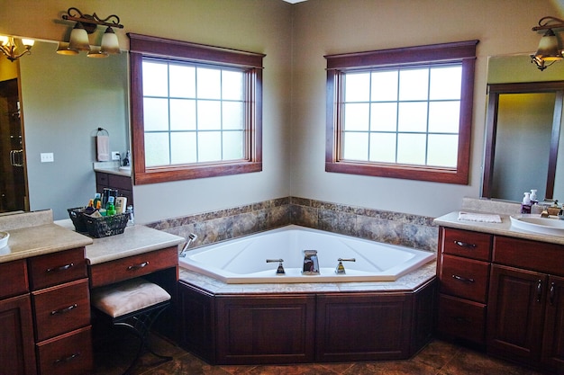 Luxurious Bathroom Interior with Corner Bathtub and Vanity Area