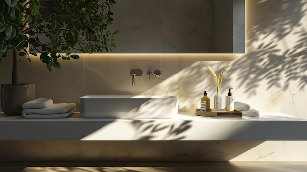 Luxurious Bathroom Vanity with Sunlit White Quartz Countertop and Rectangle Washbasin