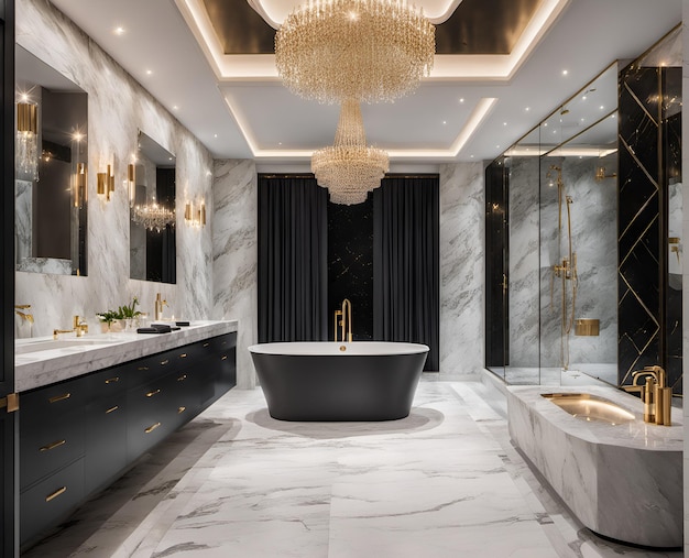 Luxurious bathroom with freestanding bathtub rain shower heated flooring and marble tiles