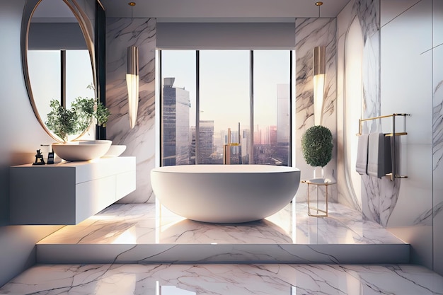 A luxurious bathroom with marble floors a freestanding tub and a stunning view of the city Luxurious apartment background with contemporary design Modern interior design