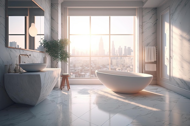 A luxurious bathroom with marble floors a freestanding tub and a stunning view of the city Luxurious apartment background with contemporary design Modern interior design