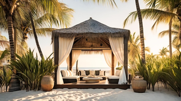 A luxurious beach cabana offering an exclusive and tranquil summer retreat surrounded by lush nature