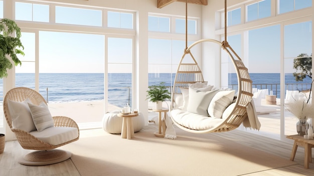 Luxurious Beach House Living Room with Hanging Chair and Ocean View