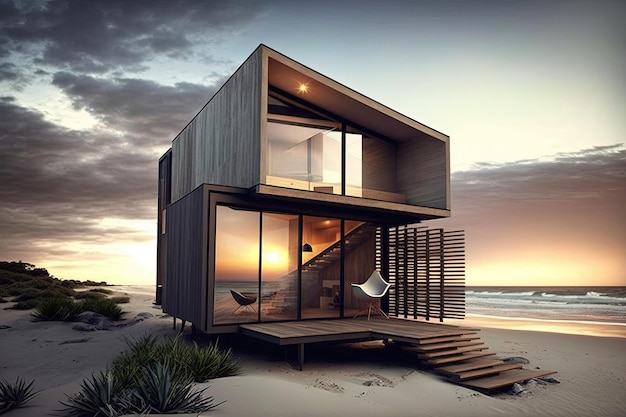 A luxurious beach house in modern style featuring sleek lines large glass windows and a spacious outdoor deck Generated by AI