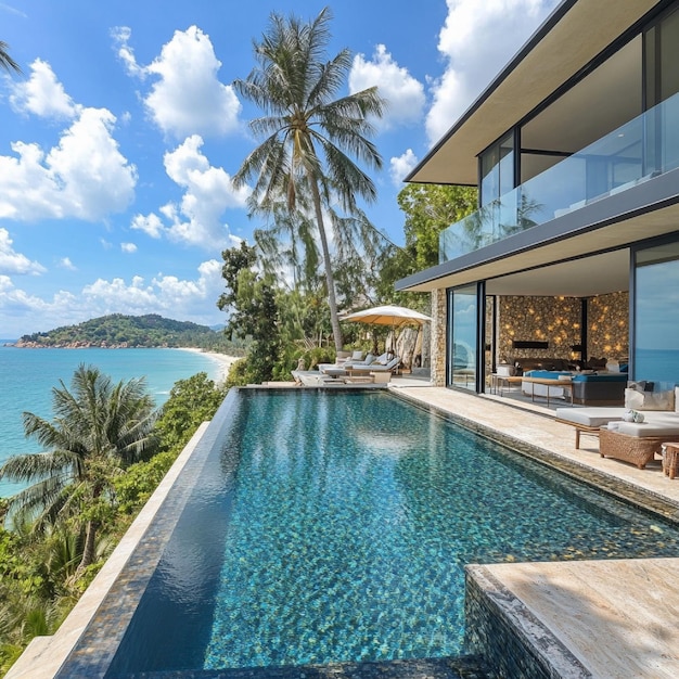 A luxurious beachside villa with infinity pools and panoramic views