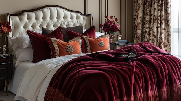 Photo a luxurious bed with a tufted headboard draped in rich velvet blankets and accent pillows set in an elegantly decorated bedroom