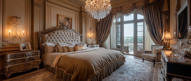 Photo luxurious bedroom interior with frenchstyle furniture and crystal chandelier