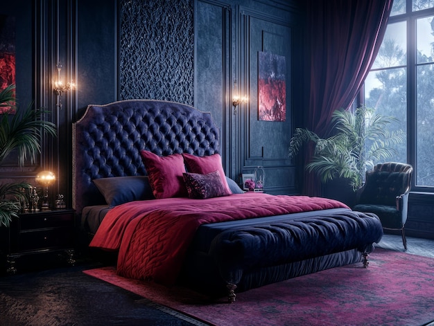 Photo luxurious bedroom interior with a large bed velvet headboard and a plush armchair decorated with dark and rich colors