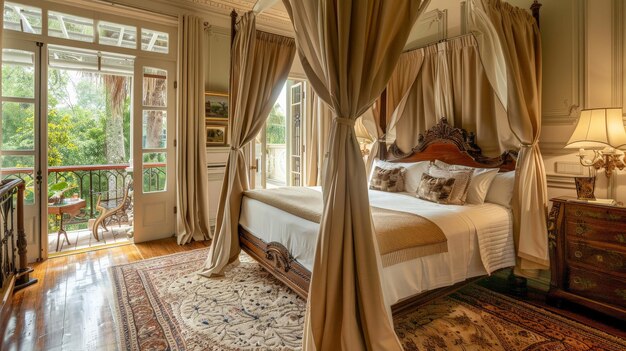 A luxurious bedroom with a canopy bed plush bedding and elegant drapes