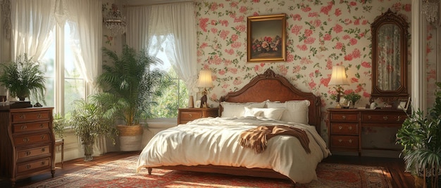 A Luxurious Bedroom with Floral Wallpaper and Sunlit Windows