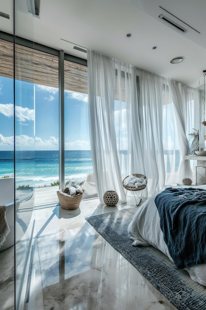 a luxurious bedroom with glass walls overlooking a pristine beach