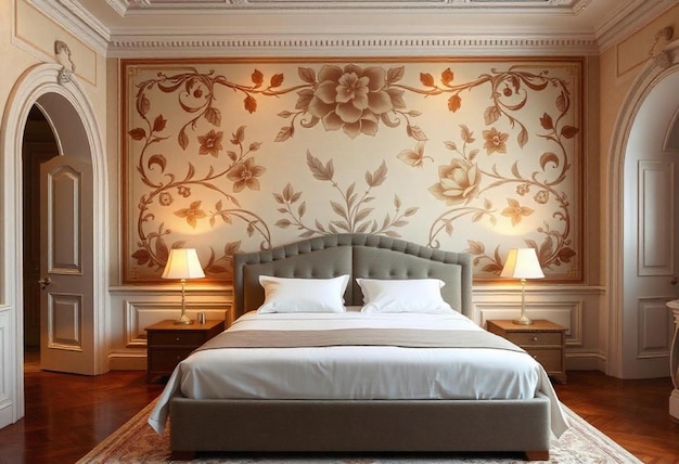 Photo a luxurious bedroom with a large ornate mural on the wall behind the bed