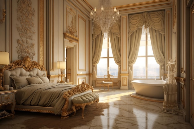 A luxurious bedroom with a large window and a bed with a gold and white design.