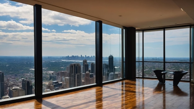 Luxurious bedroom with a panoramic cityscape view at night