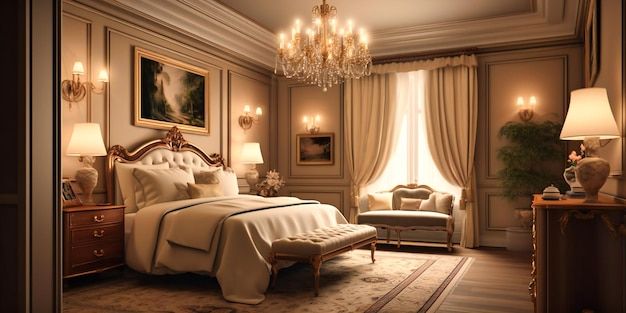 A luxurious bedroom with plush bedding and elegant decor exuding a sophisticated and serene ambiance