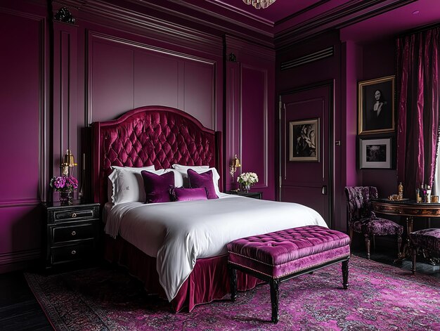 Photo luxurious bedroom with a plush velvet bed matching ottoman and ornate wooden furniture the walls are painted in a deep purple hue creating a rich and dramatic ambiance