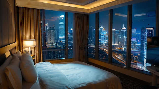 A luxurious bedroom with a stunning city view at night