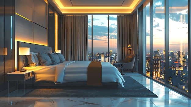 A luxurious bedroom with a view of the city skyline at sunset