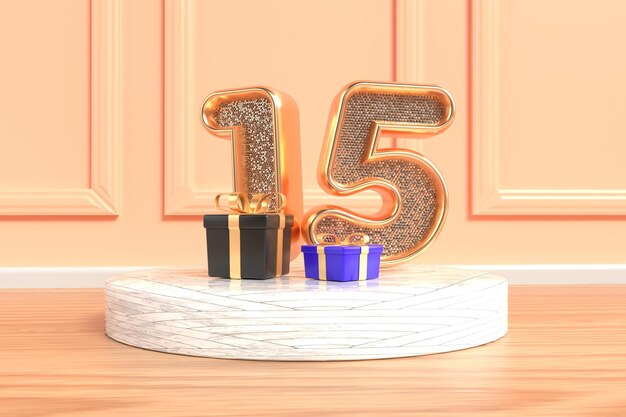 Luxurious birthday banner number 15 designs with golden accents and gift motifs Features elegant