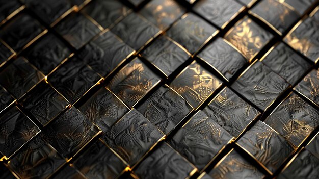 Luxurious Black and Gold Geometric Pattern Metal Surface CloseUp