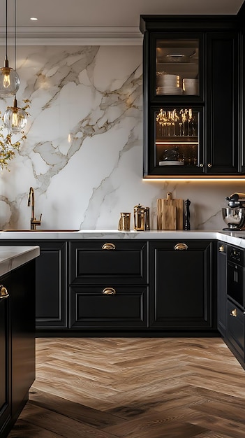 Photo luxurious black and gold kitchen illustration with marble backsplash and chevron wood flooring