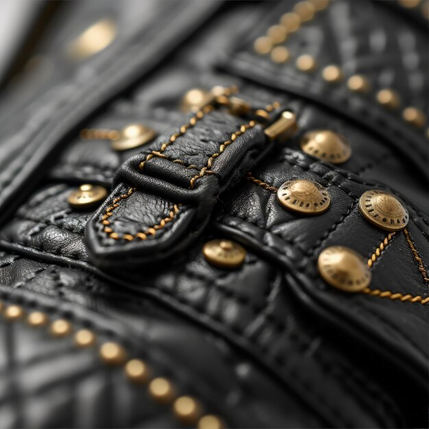 Photo luxurious black leather texture with intricate golden details