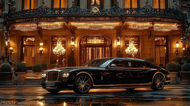 Photo a luxurious black limousine parked in front of an elegant hotel entrance at night