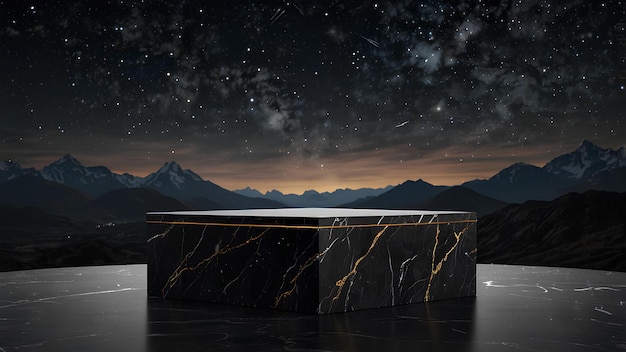 Photo luxurious black marble podium under starry night sky highend product display mockup