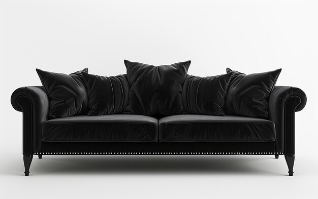 Photo luxurious black sofa featuring black baby pillow on white