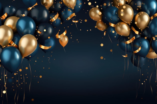 Luxurious Blue and Gold Balloons with Festive Confetti on Dark Background