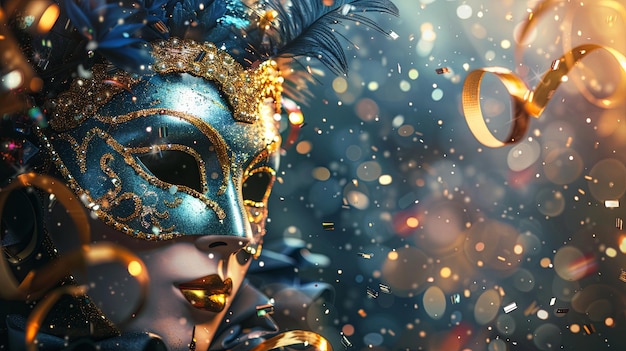 A luxurious blue and gold masquerade mask with a black feather surrounded by golden confetti