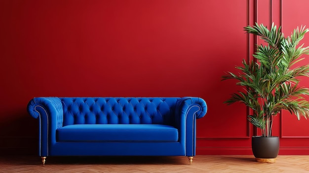 A luxurious blue velvet sofa sits against a vibrant red wall creating a striking contrast The