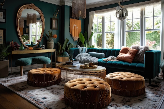 Luxurious bohemian home with velvet textiles and plush furniture created with generative ai