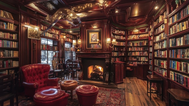 Photo luxurious bookstore with antique decor rich mahogany shelves and a cozy fireplace