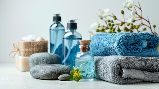 Luxurious Bottles of Cosmetic Products Towels and Stone Soap