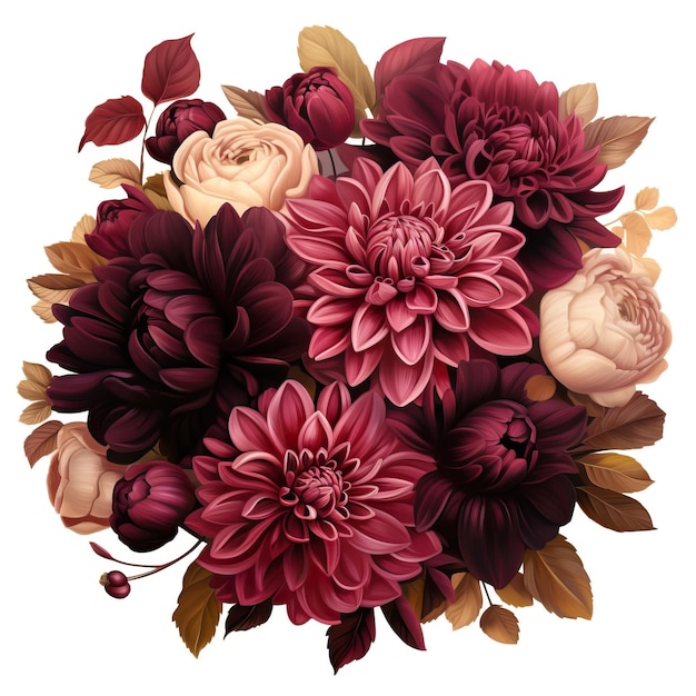 A luxurious bouquet adorned with deep burgundy dahlias soft pink peonies and hints of gold