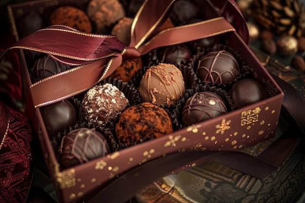 A luxurious box of assorted chocolates decorated with ribbons placed on a table Generative AI