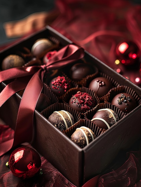 Luxurious box of assorted chocolates with ribbon decoration on a wooden table Generative AI