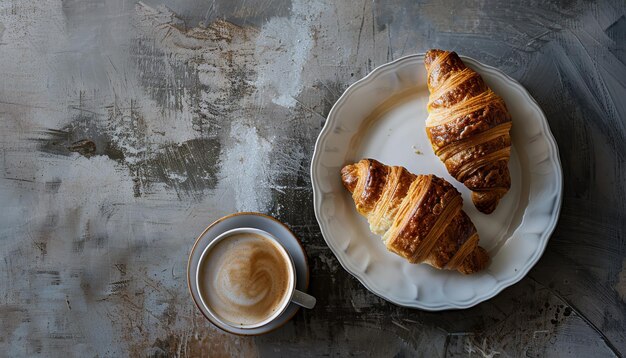 Photo a luxurious breakfast with two french croissants on a plate and a fragrant cup of espresso coffee