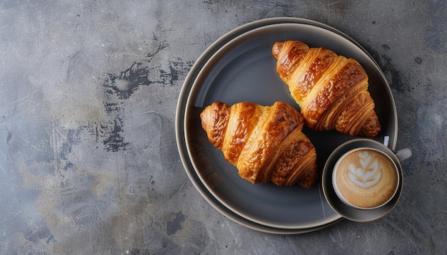 Photo a luxurious breakfast with two french croissants on a plate and a fragrant cup of espresso coffee