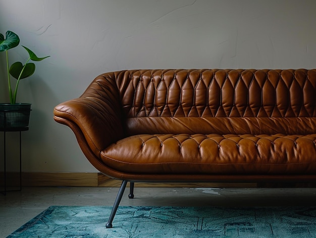 Luxurious Brown Leather ThreeSeater Sofa Interior Mockup with Stylish Modern Home Decor Elements