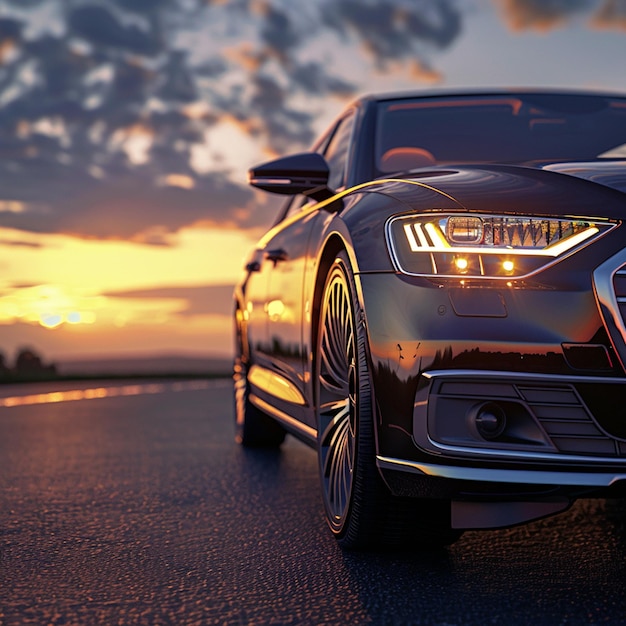 Luxurious car parked on the highway with an illuminated headlight at sunset