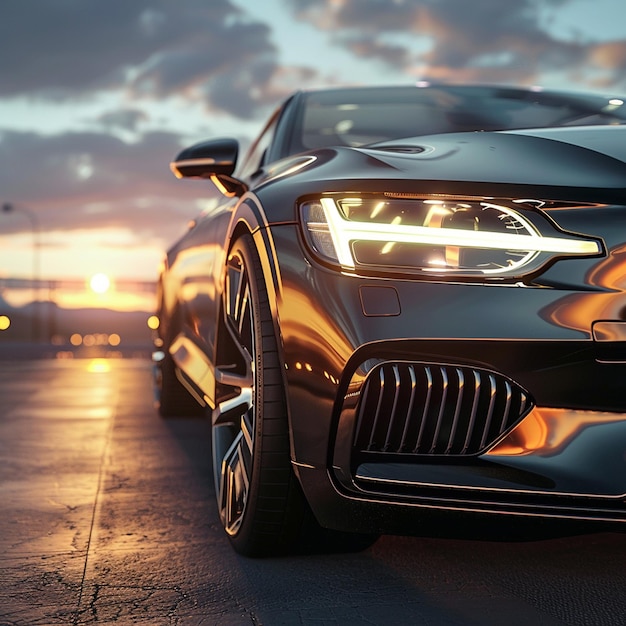 Luxurious car parked on the highway with an illuminated headlight at sunset