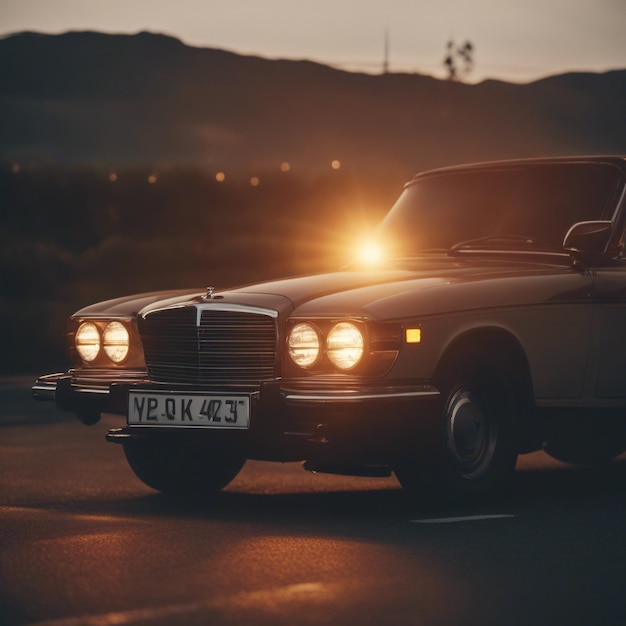 Luxurious car parked on the highway with an illuminated headlight at sunset