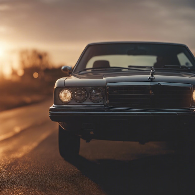 Luxurious car parked on the highway with an illuminated headlight at sunset