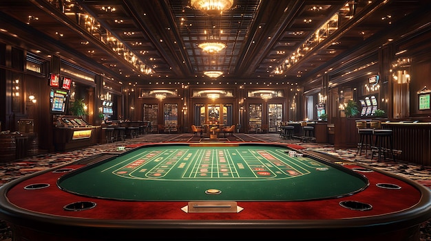 Luxurious Casino Interior with Roulette Table and Dim Lighting