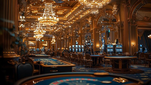 Photo luxurious casino interior with slot machines and gaming tables